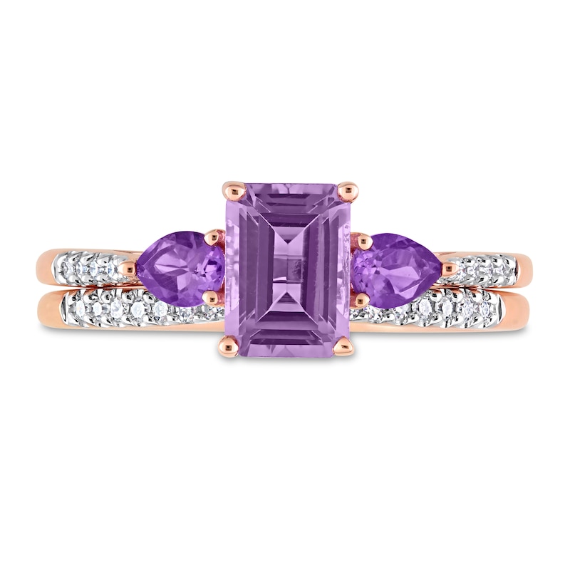 Multi-Shape Amethyst and 1/10 CT. T.W. Diamond Three Stone Bridal Set in 10K Rose Gold