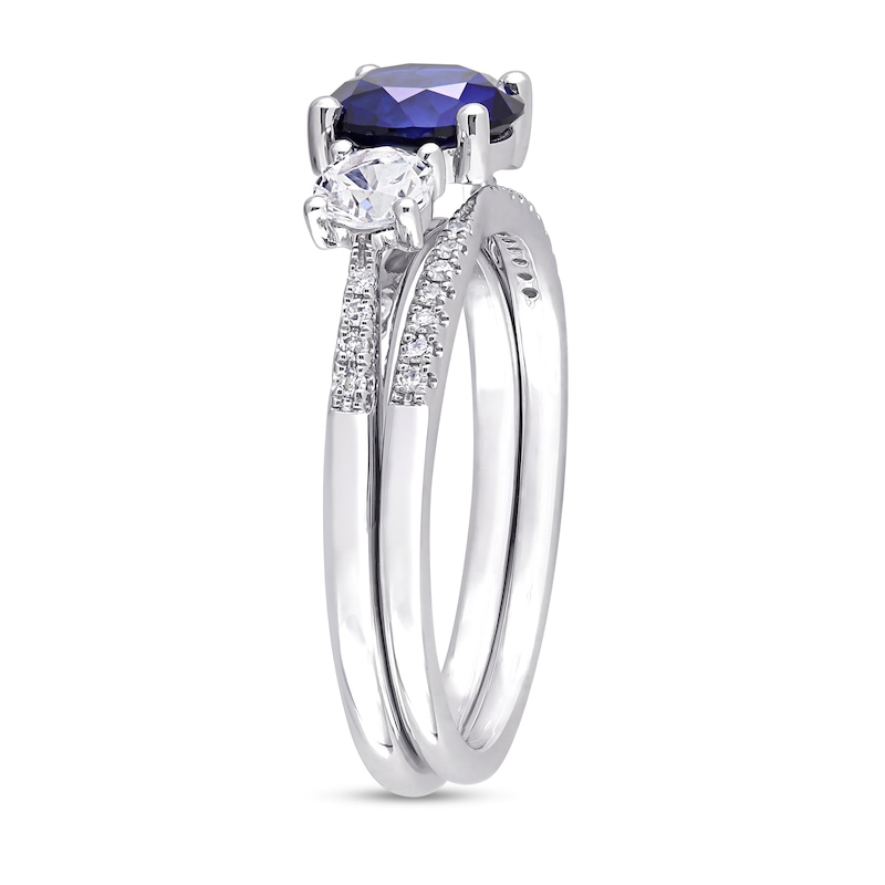 Main Image 3 of Blue and White Sapphire and 1/10 CT. T.W. Diamond Three Stone Bridal Set in 10K White Gold