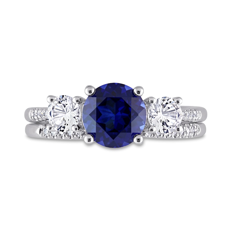 Main Image 4 of Blue and White Sapphire and 1/10 CT. T.W. Diamond Three Stone Bridal Set in 10K White Gold