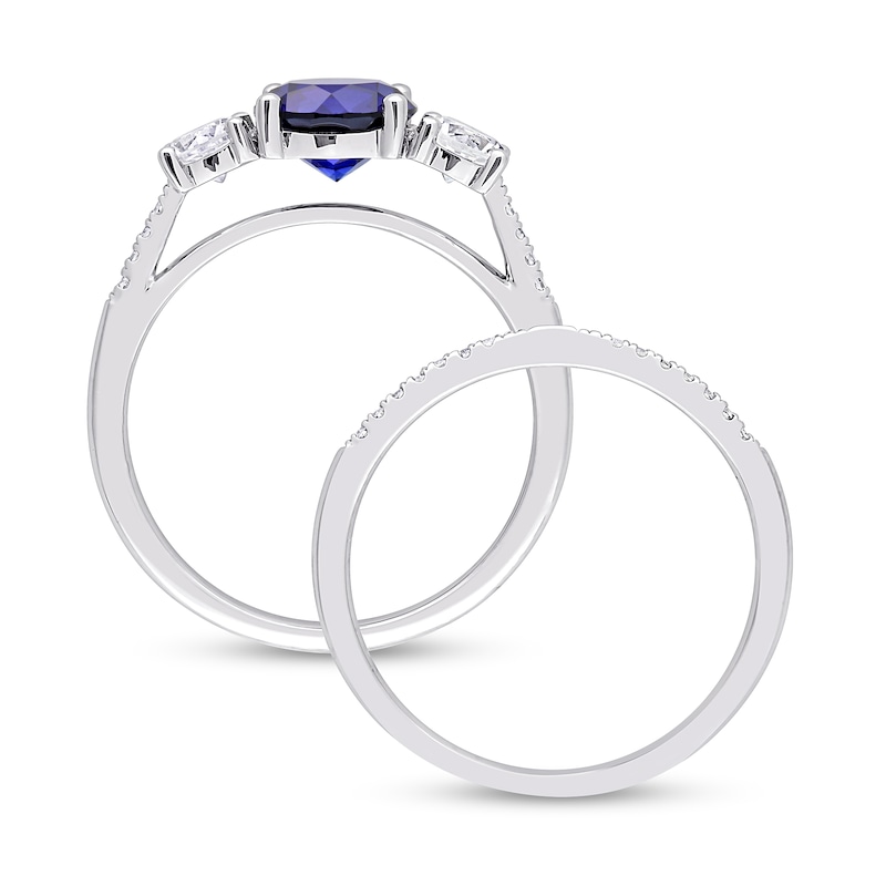 Main Image 5 of Blue and White Sapphire and 1/10 CT. T.W. Diamond Three Stone Bridal Set in 10K White Gold