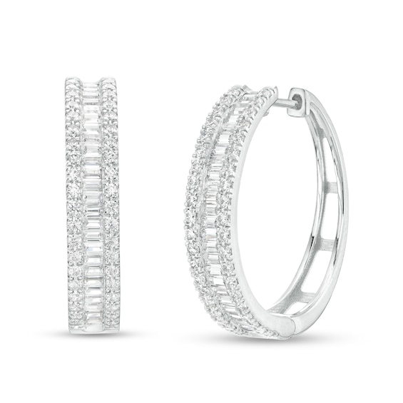 1-1/2 CT. T.w. Baguette and Round Diamond Edge Hoop Earrings in 10K White Gold