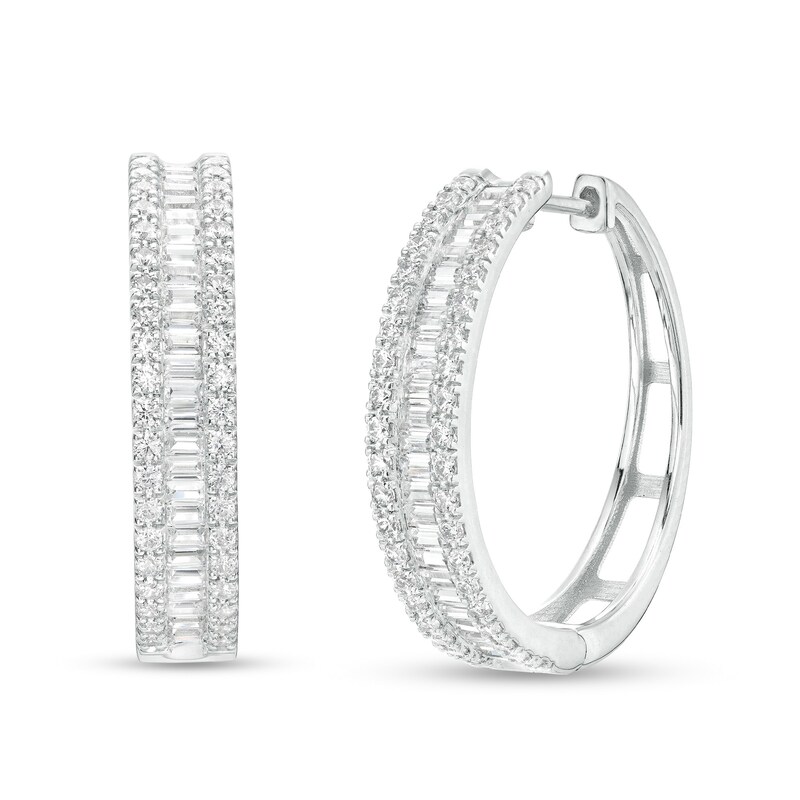 Main Image 1 of 1-1/2 CT. T.W. Baguette and Round Diamond Edge Hoop Earrings in 10K White Gold