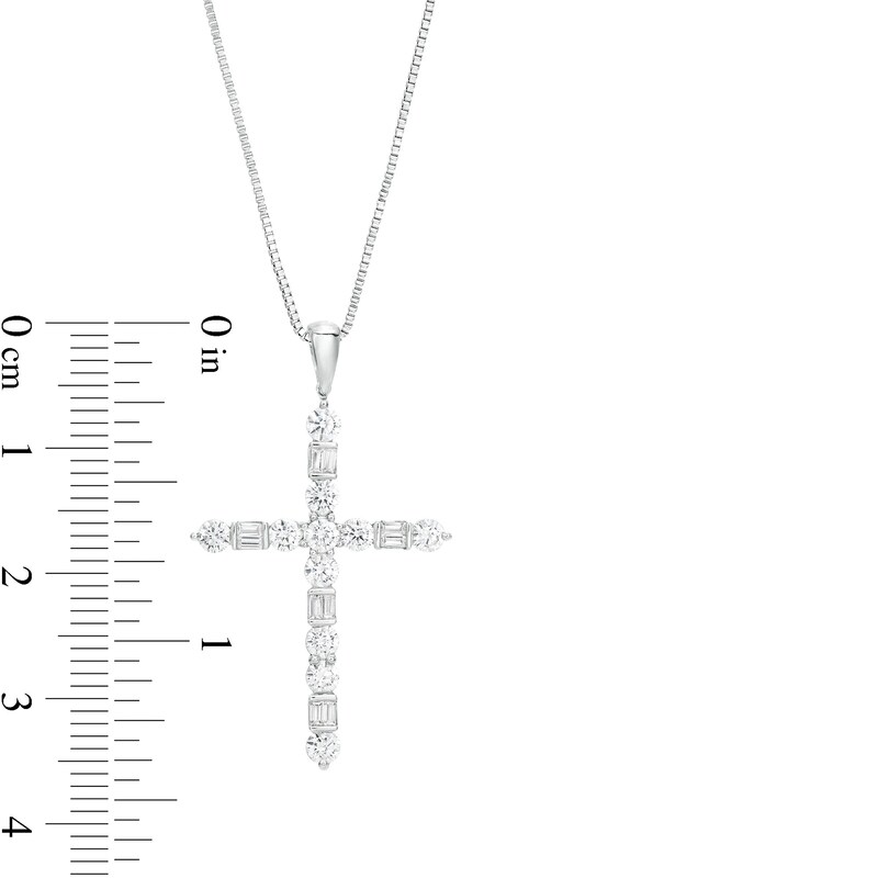 Main Image 3 of 1 CT. T.W. Baguette and Round Diamond Cross Pendant in 10K White Gold