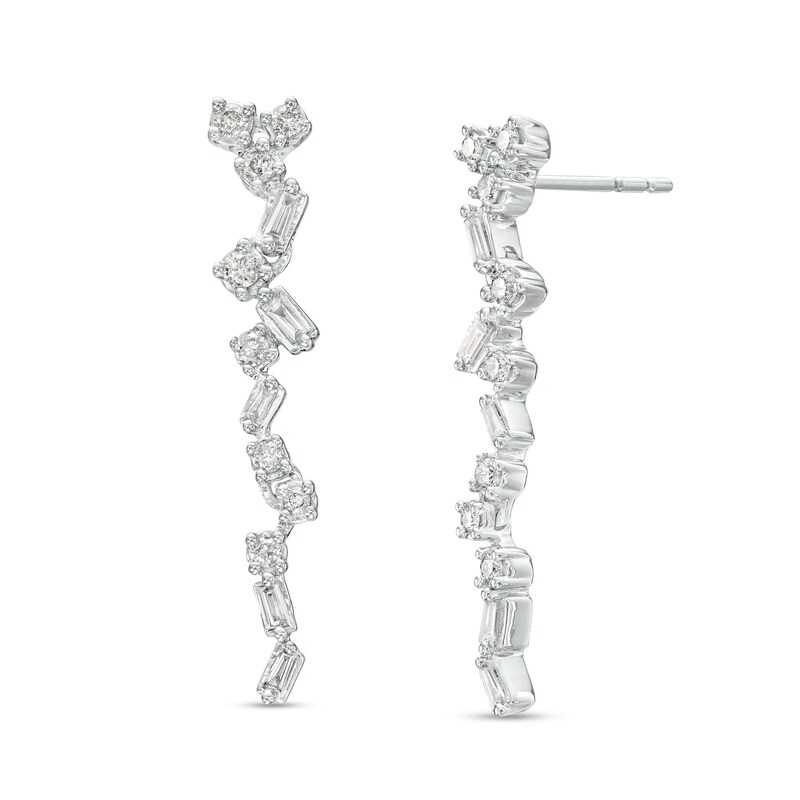 1/3 CT. T.W. Baguette and Round Diamond Cluster Drop Earrings in 10K White Gold