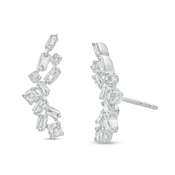 1/4 CT. T.w. Baguette and Round Diamond Cluster Crawler Stud Earrings in 10K White Gold