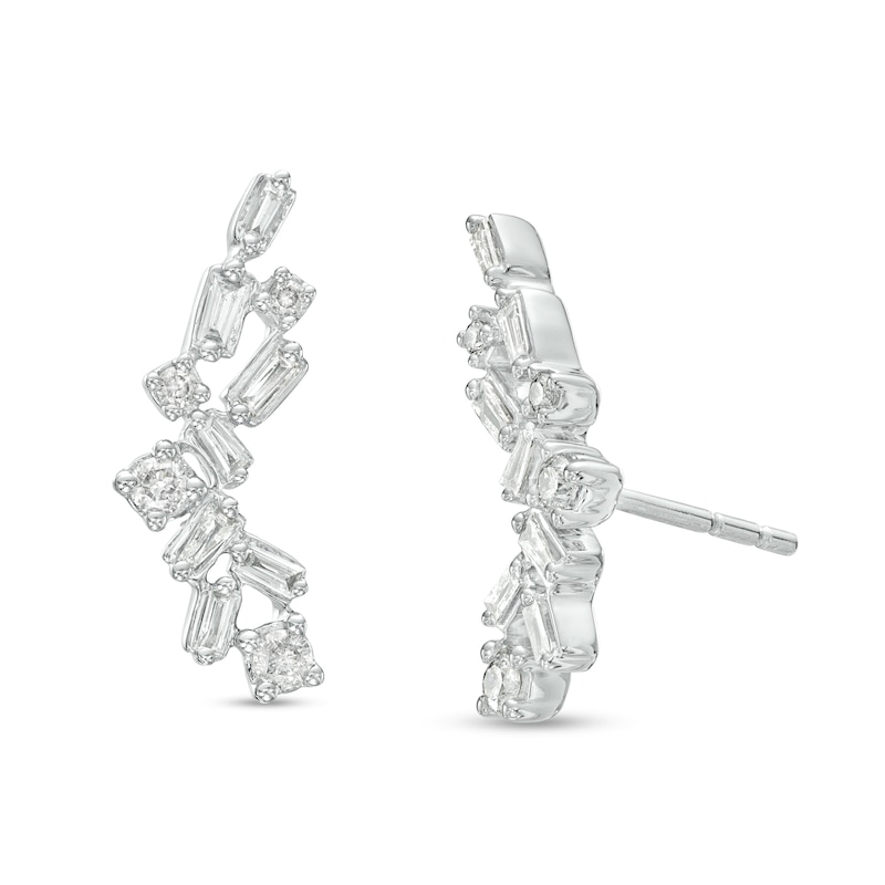 Main Image 1 of 1/4 CT. T.W. Baguette and Round Diamond Cluster Crawler Stud Earrings in 10K White Gold