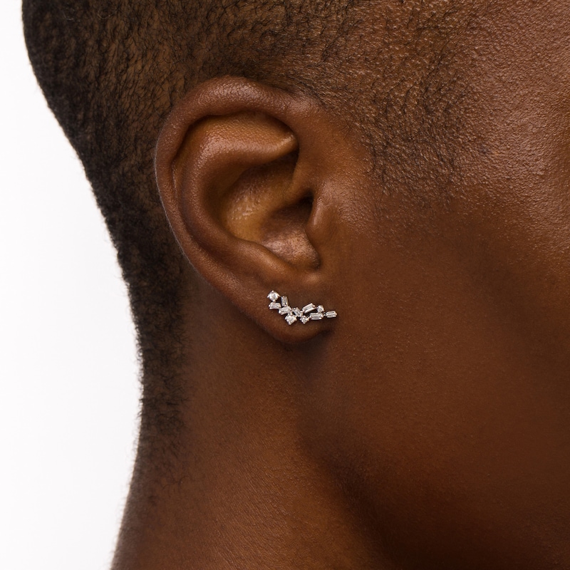 Main Image 2 of 1/4 CT. T.W. Baguette and Round Diamond Cluster Crawler Stud Earrings in 10K White Gold