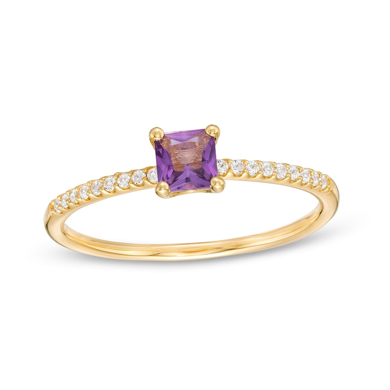 Main Image 1 of Princess-Cut Amethyst and White Lab-Created Sapphire Ring in Sterling Silver with 14K Gold Plate