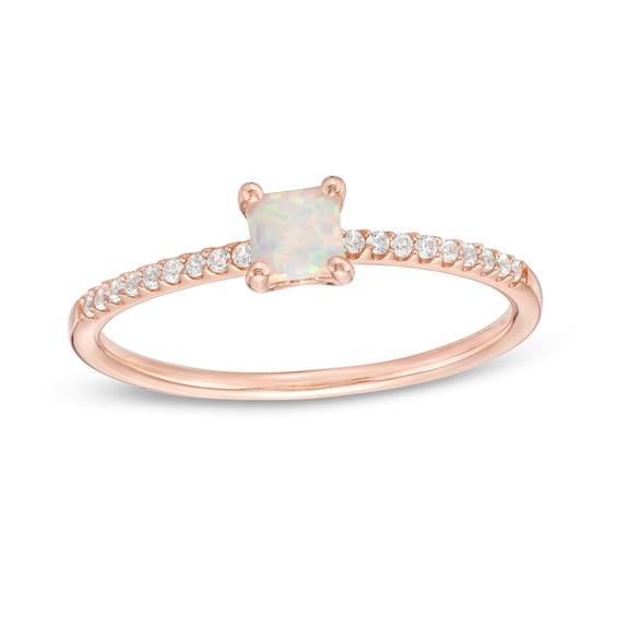 Princess-Cut Lab-Created Opal and White Sapphire Ring in Sterling Silver with 14K Rose Gold Plate