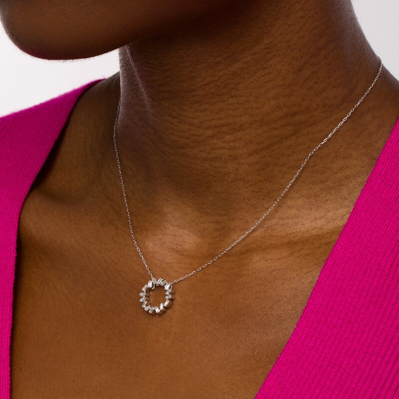 Main Image 2 of 1/4 CT. T.W. Baguette Diamond Zig-Zag Circle Pendant in 10K White Gold