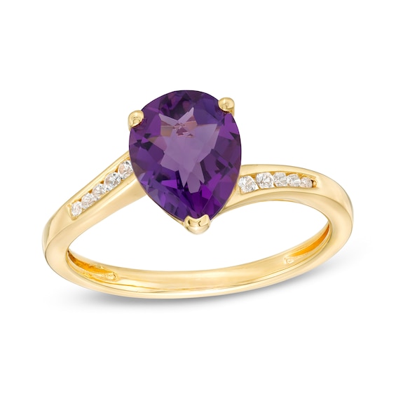 Pear-Shaped Amethyst and White Lab-Created Sapphire Bypass Ring in Sterling Silver with 14K Gold Plate