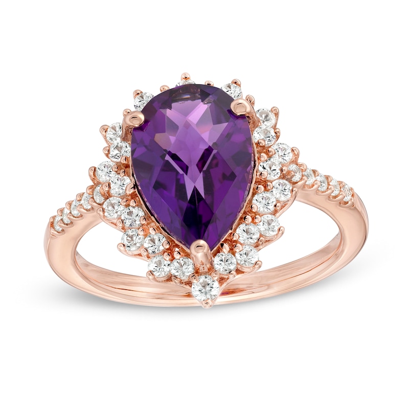 Main Image 1 of Pear-Shaped Amethyst and White Lab-Created Sapphire Shadow Frame Ring in Sterling Silver with 14K Rose Gold Plate