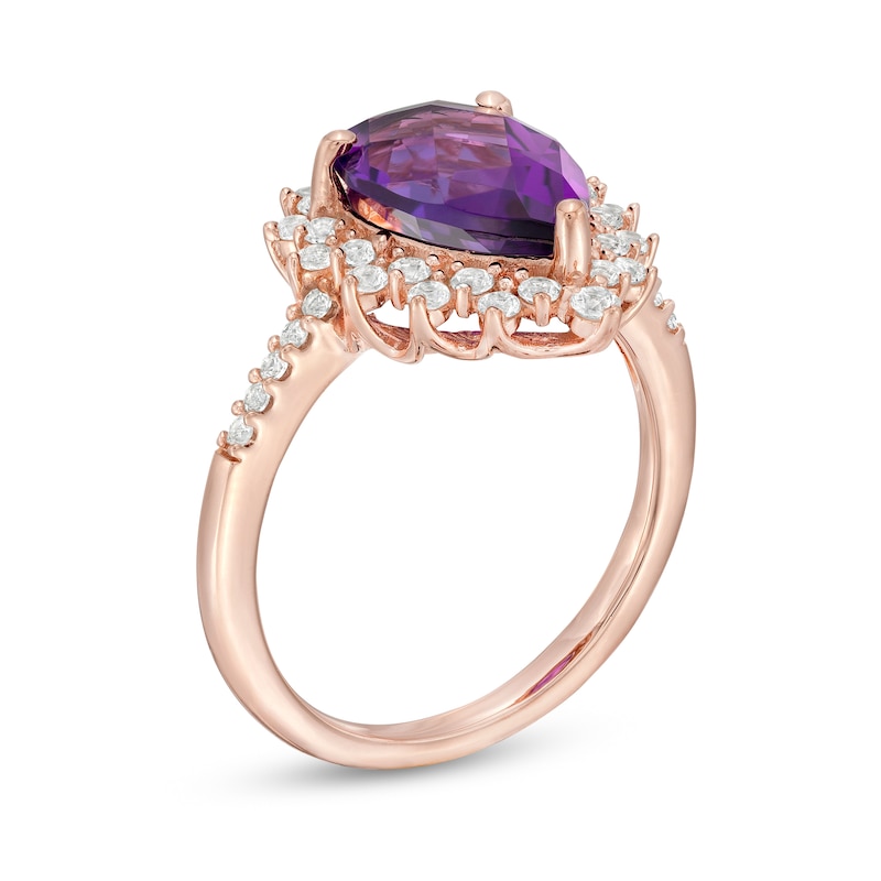 Main Image 3 of Pear-Shaped Amethyst and White Lab-Created Sapphire Shadow Frame Ring in Sterling Silver with 14K Rose Gold Plate