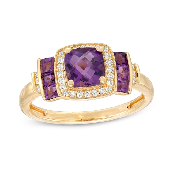 Cushion-Shaped Amethyst and White Lab-Created Sapphire Frame Double Collar Ring in Sterling Silver with 14K Gold Plate