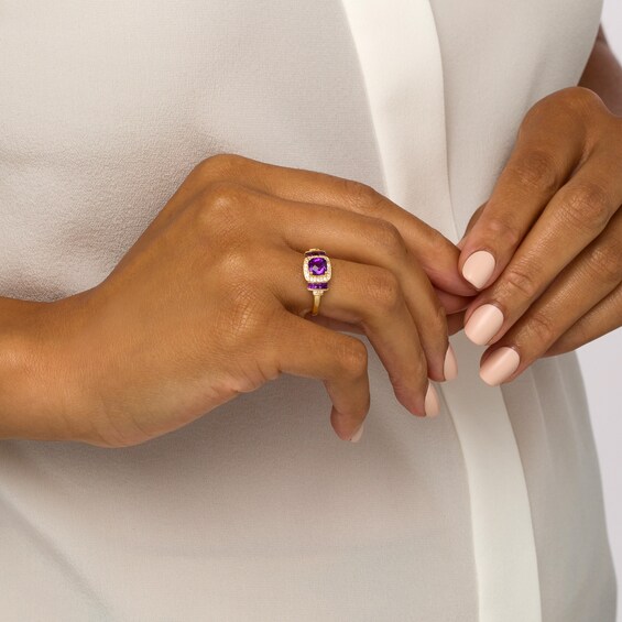 Cushion-Shaped Amethyst and White Lab-Created Sapphire Frame Double Collar Ring in Sterling Silver with 14K Gold Plate