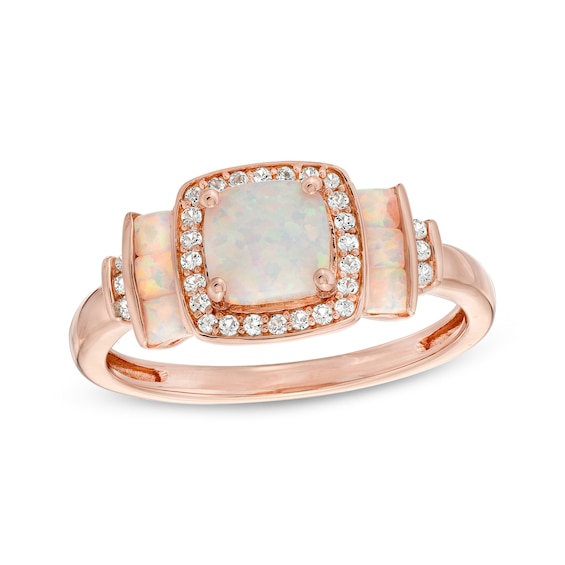 Cushion-Shaped Lab-Created Opal and White Sapphire Frame Double Collar Ring in Sterling Silver with 14K Rose Gold Plate