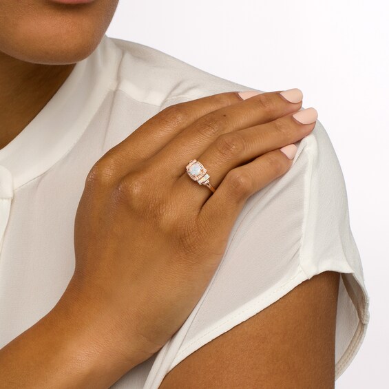Cushion-Shaped Lab-Created Opal and White Sapphire Frame Double Collar Ring in Sterling Silver with 14K Rose Gold Plate