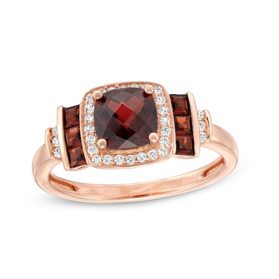 Cushion-Shaped Garnet and White Lab-Created Sapphire Frame Double Collar Ring in Sterling Silver with 14K Rose Gold Plate