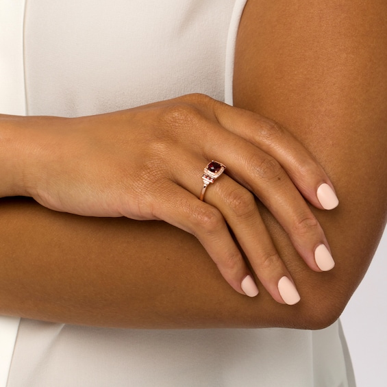 Cushion-Shaped Garnet and White Lab-Created Sapphire Frame Double Collar Ring in Sterling Silver with 14K Rose Gold Plate