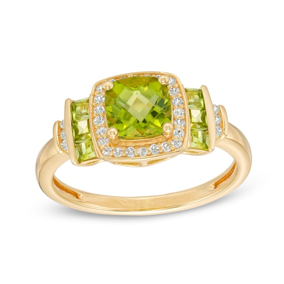 Cushion-Cut Peridot and White Lab-Created Sapphire Frame Double Collar Ring Sterling Silver with 14K Gold Plate