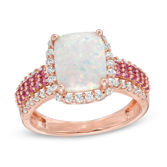 Cushion-Cut Lab-Created Opal and White Sapphire Frame Multi-Row Ring in Sterling Silver with 14K Rose Gold Plate