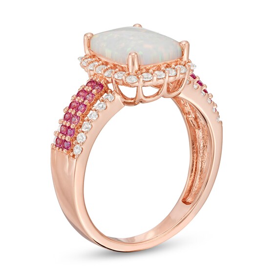 14k White Gold Cushion Created Opal, Pink Sapphire And Diamond Ring 14k White Gold Cushion Created Opal, Pink Sapphire And Diamond Ring