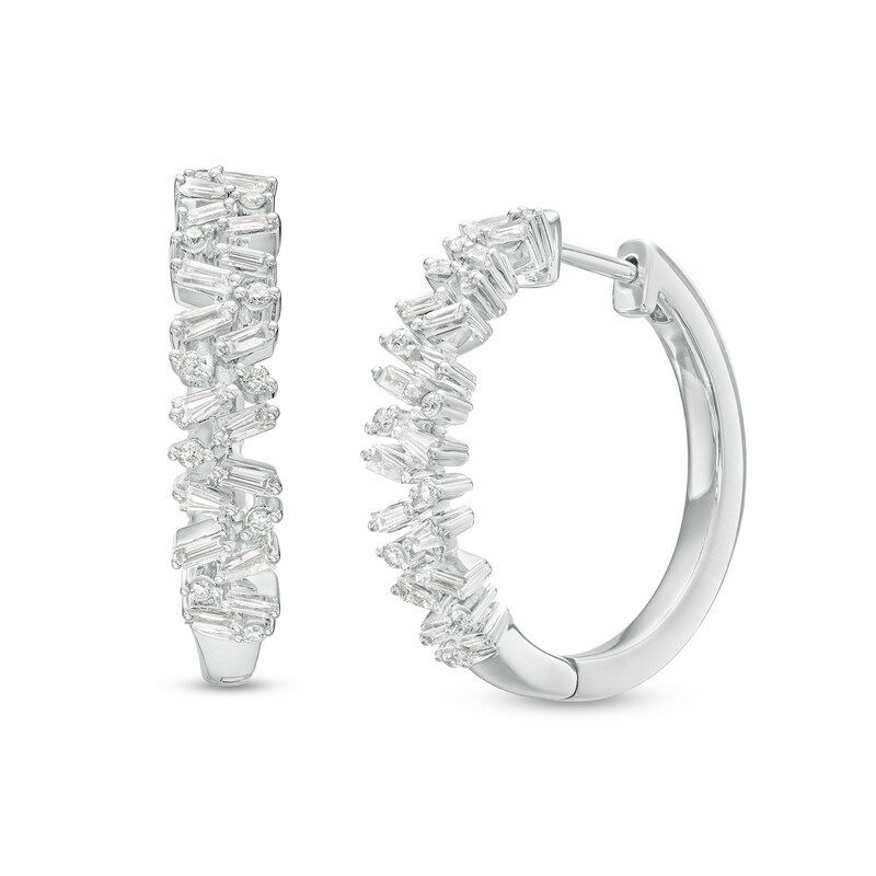 5/8 CT. T.W. Baguette and Round Diamond Cluster Hoop Earrings in 10K White Gold
