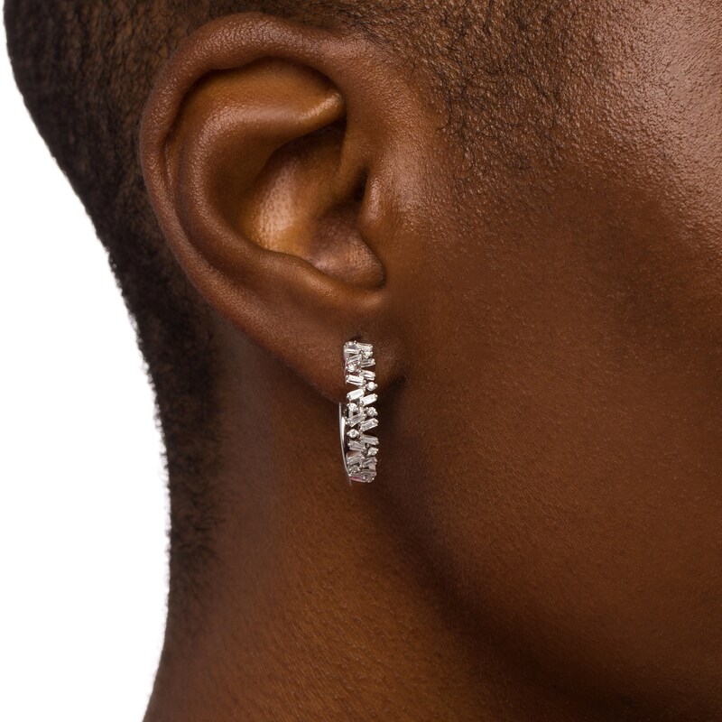 5/8 CT. T.W. Baguette and Round Diamond Cluster Hoop Earrings in 10K White Gold