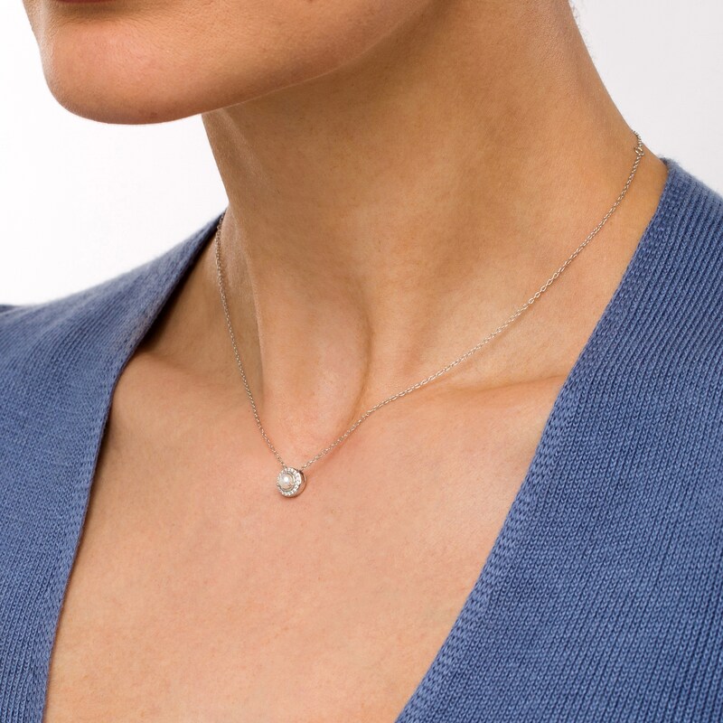 Main Image 2 of 4.0mm Button Freshwater Cultured Pearl and 1/20 CT. T.W. Diamond Frame Pendant in 10K White Gold