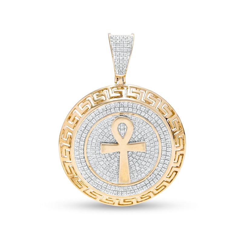 Men's 7/8 CT. T.W. Diamond Greek Key Frame Ankh Necklace Charm in 10K Gold
