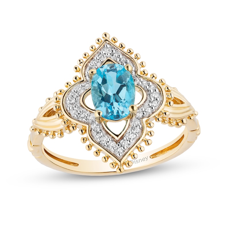Main Image 1 of Enchanted Disney Jasmine Oval Swiss Blue Topaz and 1/10 CT. T.W. Diamond Ornate Ring in 10K Gold
