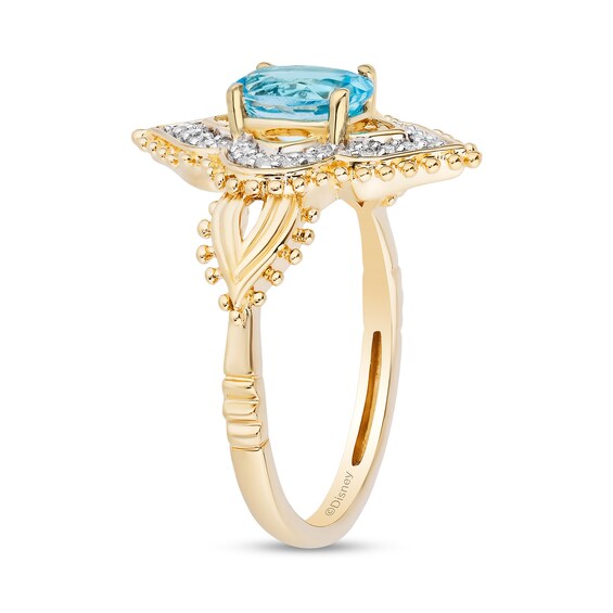 Enchanted Disney Jasmine Oval Swiss Blue Topaz and 1/10 CT. T.w. Diamond Ornate Ring in 10K Gold