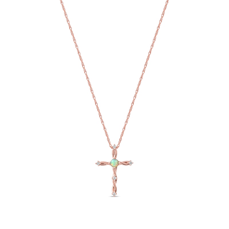 Main Image 1 of Opal and 1/20 CT. T.W. Diamond Braided Cross Pendant in 10K Rose Gold