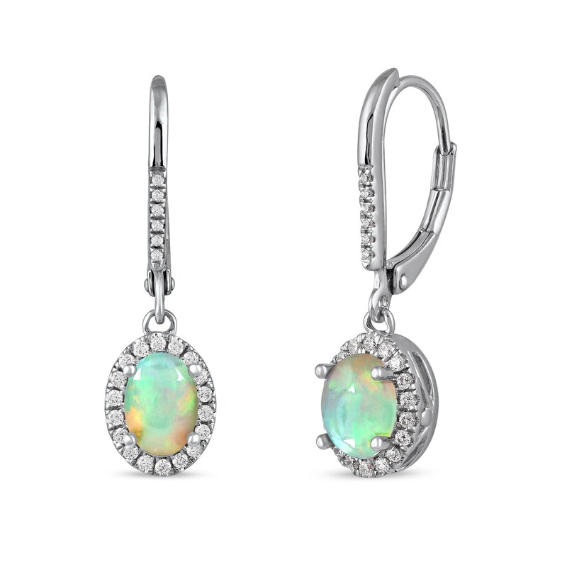 Main Image 1 of Oval Opal and 1/4 CT. T.W. Diamond Frame Drop Earrings in 10K White Gold