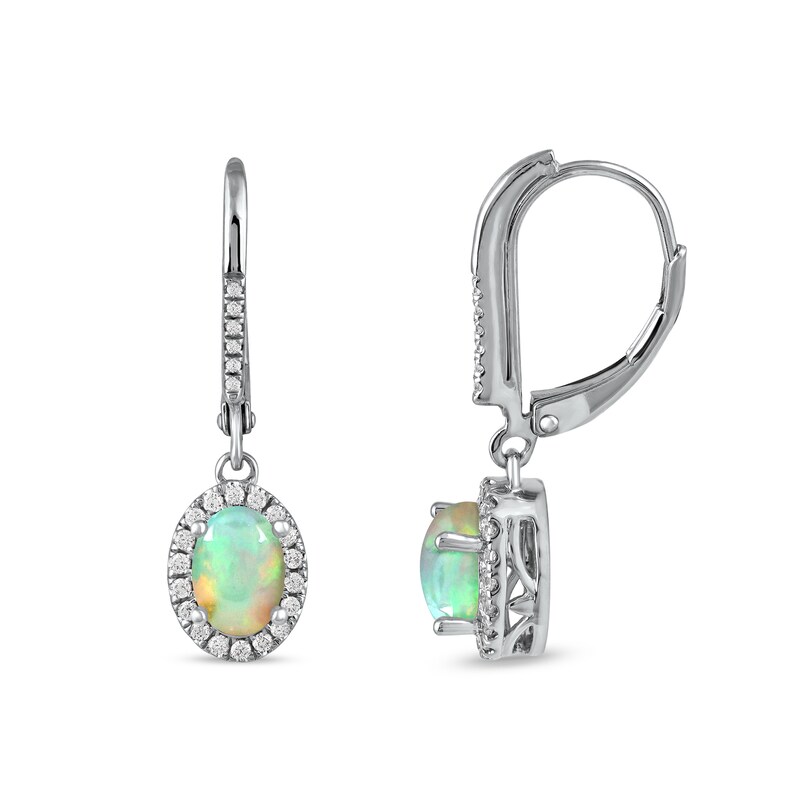 Main Image 2 of Oval Opal and 1/4 CT. T.W. Diamond Frame Drop Earrings in 10K White Gold