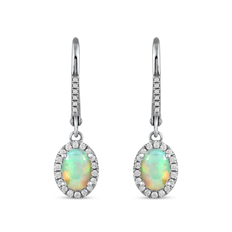 Main Image 3 of Oval Opal and 1/4 CT. T.W. Diamond Frame Drop Earrings in 10K White Gold