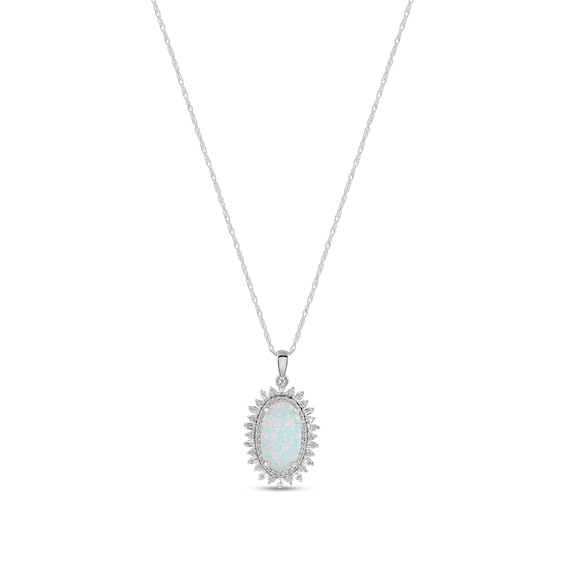 Oval Lab-Created Opal and White Sapphire Art Deco Shadow Frame Pendant in Sterling Silver