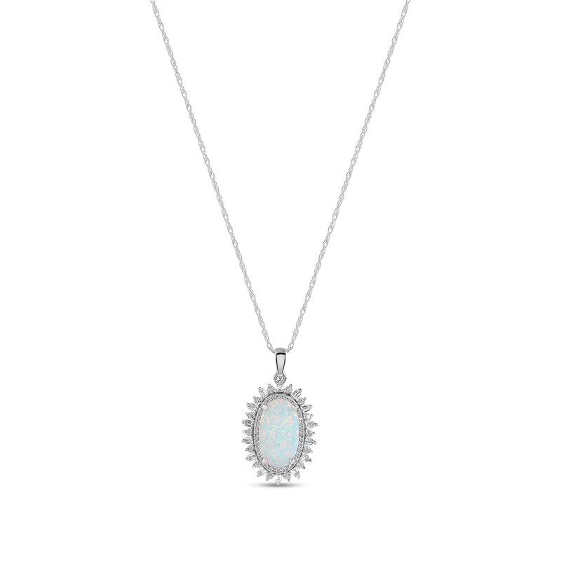 Main Image 1 of Oval Lab-Created Opal and White Sapphire Art Deco Shadow Frame Pendant in Sterling Silver