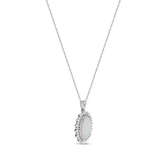 Oval Lab-Created Opal and White Sapphire Art Deco Shadow Frame Pendant in Sterling Silver