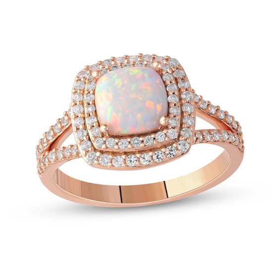 Cushion-Shaped Lab-Created Opal and White Sapphire Double Frame Split Shank Ring in 10K Rose Gold