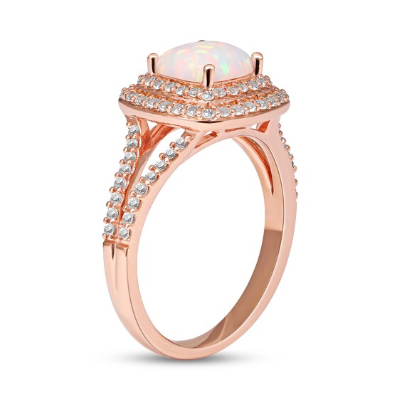 Cushion-Shaped Lab-Created Opal and White Sapphire Double Frame Split Shank Ring in 10K Rose Gold