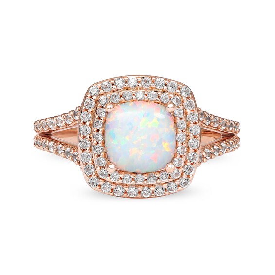 Cushion-Shaped Lab-Created Opal and White Sapphire Double Frame Split Shank Ring in 10K Rose Gold