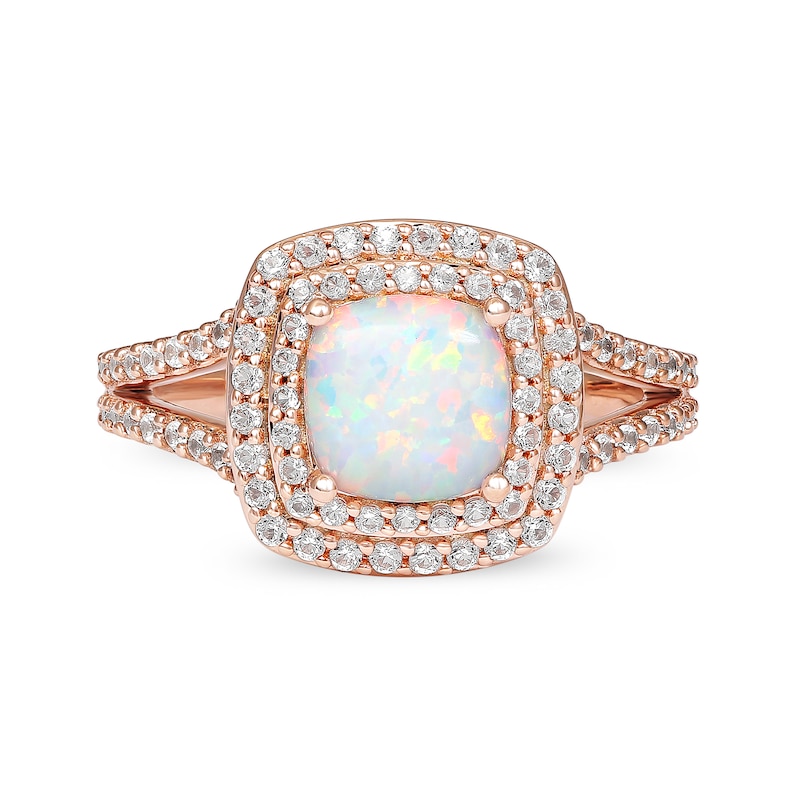 Main Image 3 of Cushion-Shaped Lab-Created Opal and White Sapphire Double Frame Split Shank Ring in 10K Rose Gold