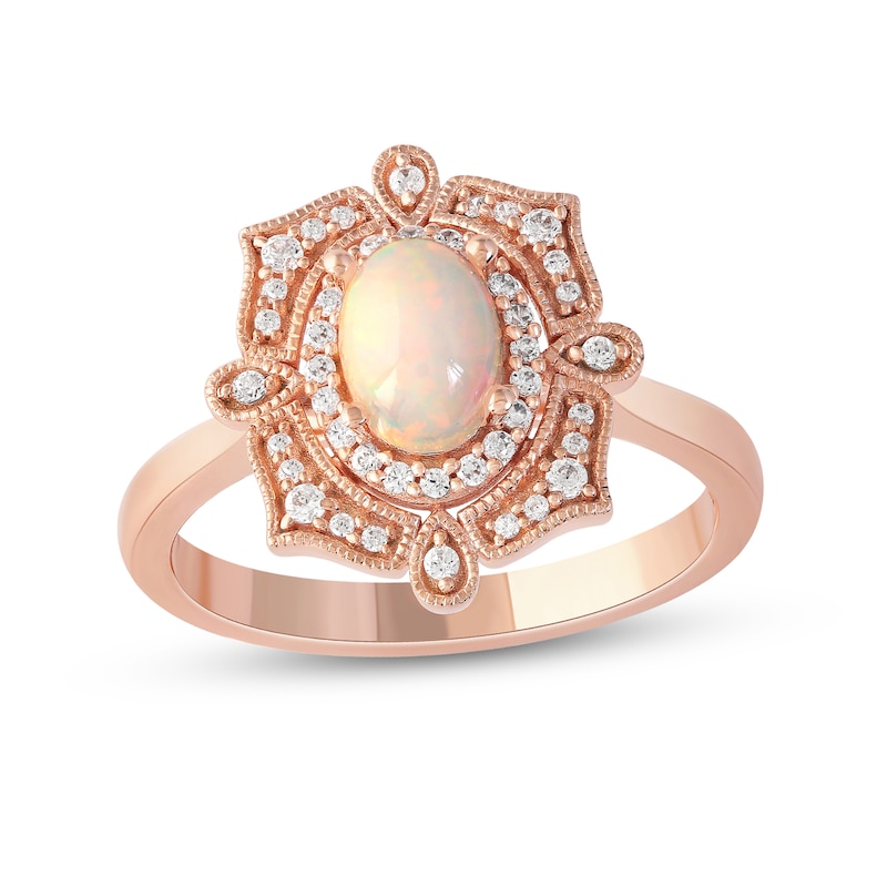 Main Image 1 of Oval Opal and 1/5 CT. T.W. Diamond Ornate Vintage-Style Ring in 10K Rose Gold