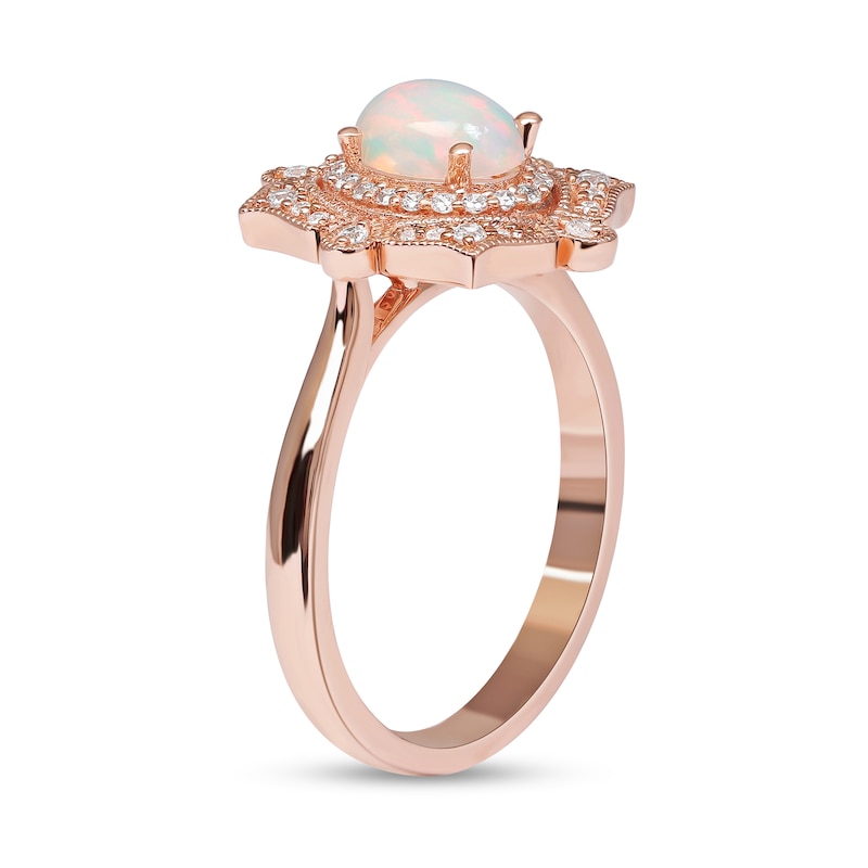 Main Image 2 of Oval Opal and 1/5 CT. T.W. Diamond Ornate Vintage-Style Ring in 10K Rose Gold
