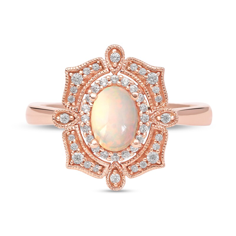 Main Image 3 of Oval Opal and 1/5 CT. T.W. Diamond Ornate Vintage-Style Ring in 10K Rose Gold