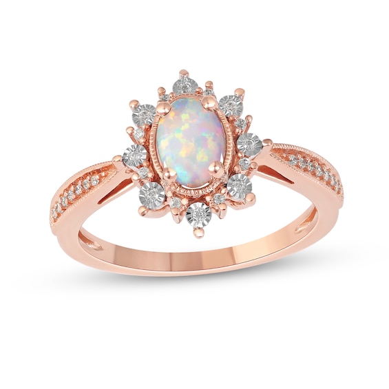 Oval Opal and 1/10 CT. T.w. Diamond Shadow Frame Vintage-Style Ring in 10K Rose Gold