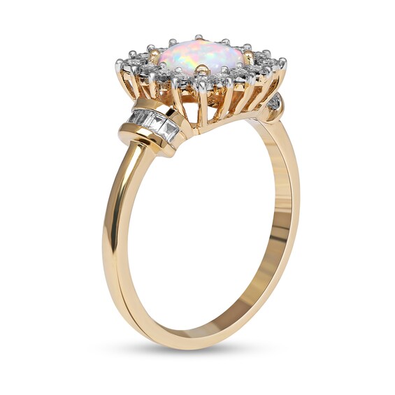 Cushion-Shaped Lab-Created Opal and White Sapphire Shadow Frame with Collars Ring in 10K Gold