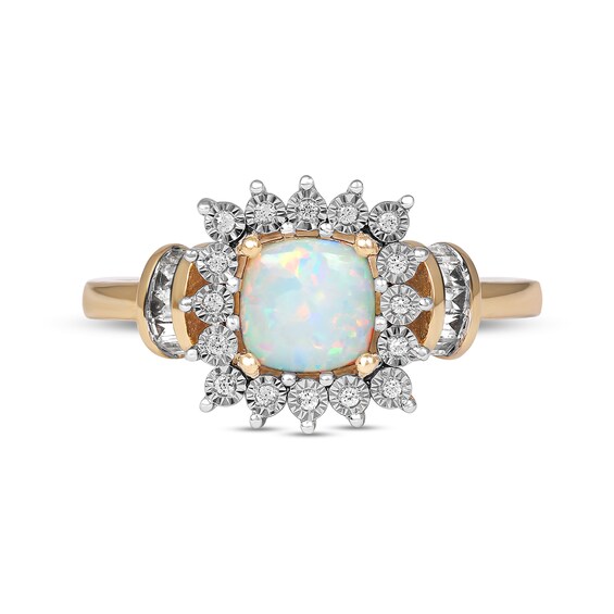 Cushion-Shaped Lab-Created Opal and White Sapphire Shadow Frame with Collars Ring in 10K Gold