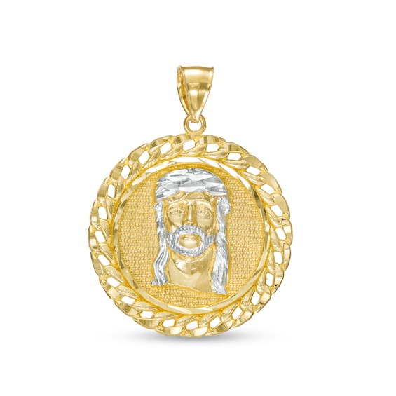 Men's Multi-Finish Curb-Style Chain Link Frame Jesus Medallion Necklace Charm in 10K Two-Tone Gold